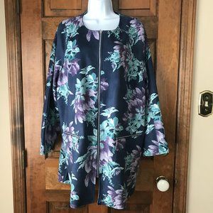NWT Chico's Blue w/Lavender & Green Flowers Zip-Up Collarless Coat Size 3